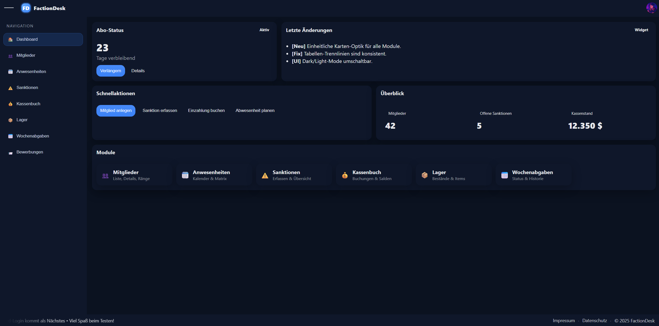FactionDesk Dashboard Screenshot